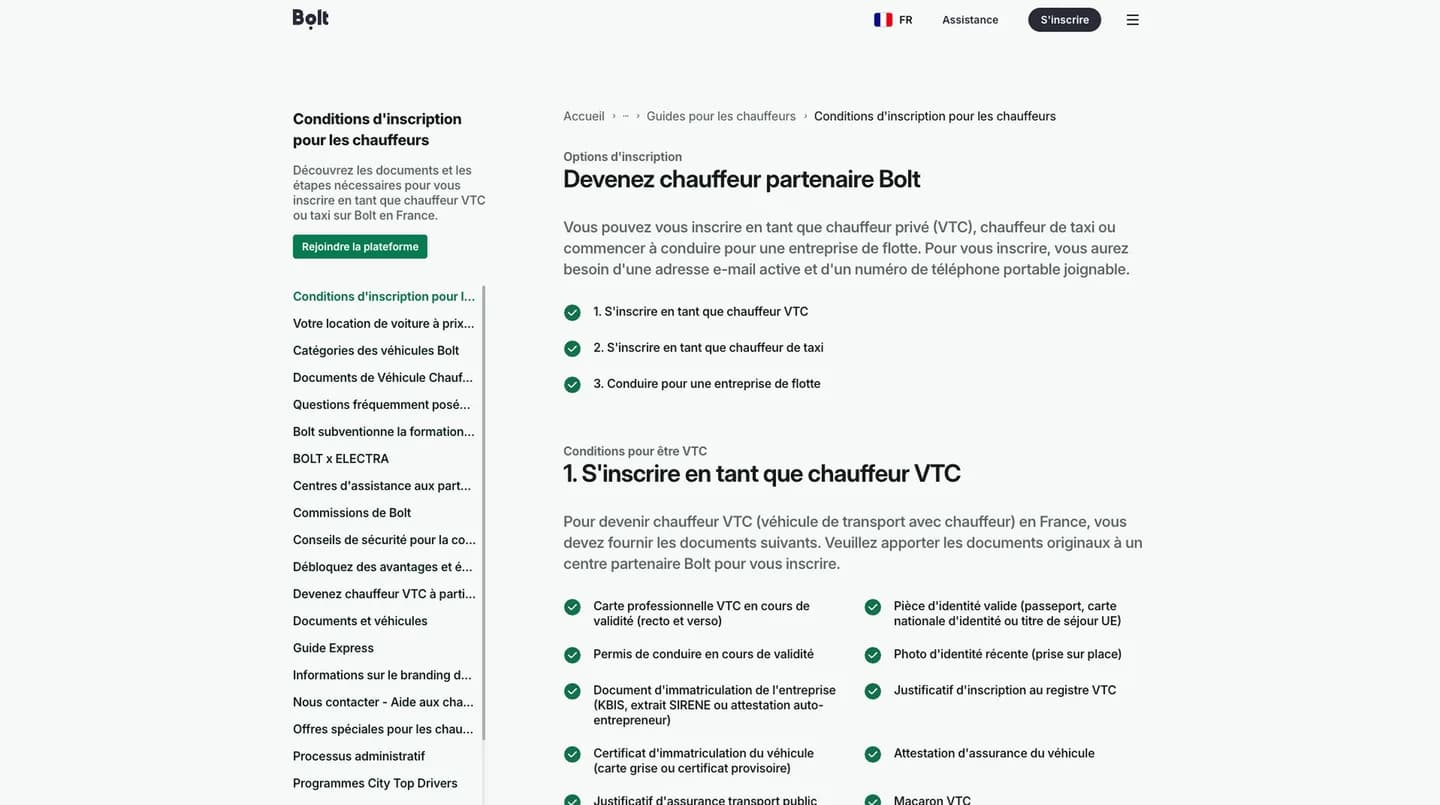 Conditions d'inscription des chauffeurs partenaires sur Bolt