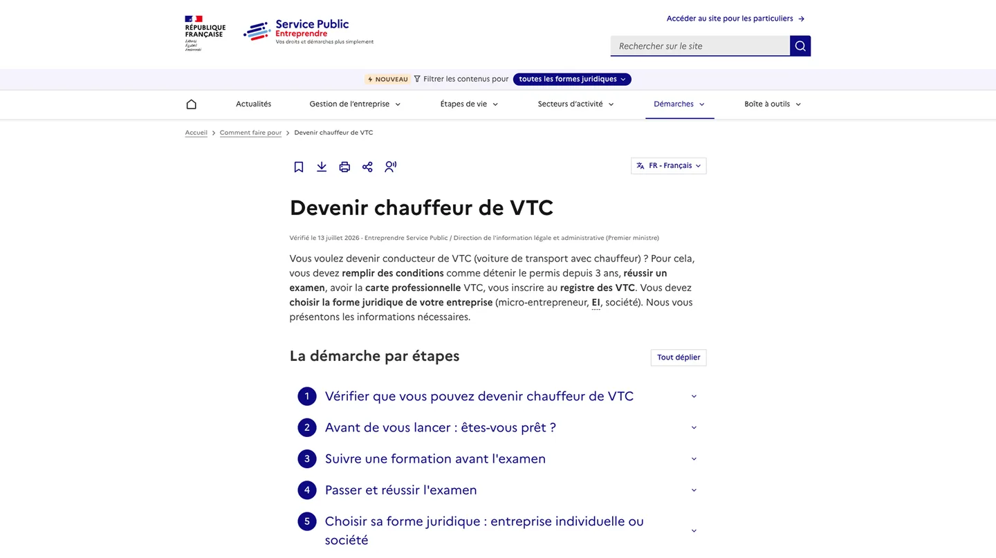 Les étapes officielles pour devenir chauffeur VTC, sur service-public.fr