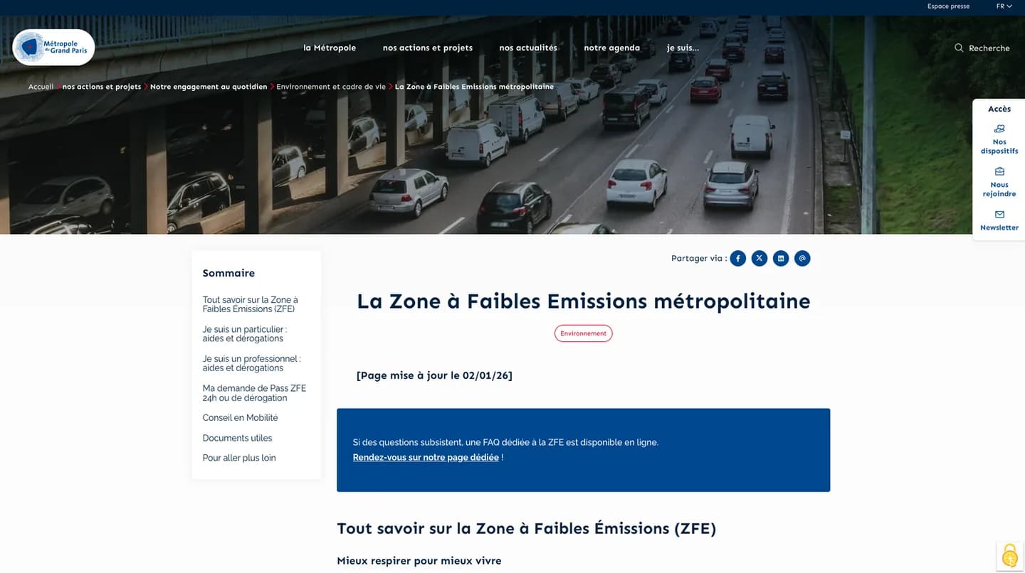 Carte de la Zone à Faibles Émissions de la métropole du Grand Paris