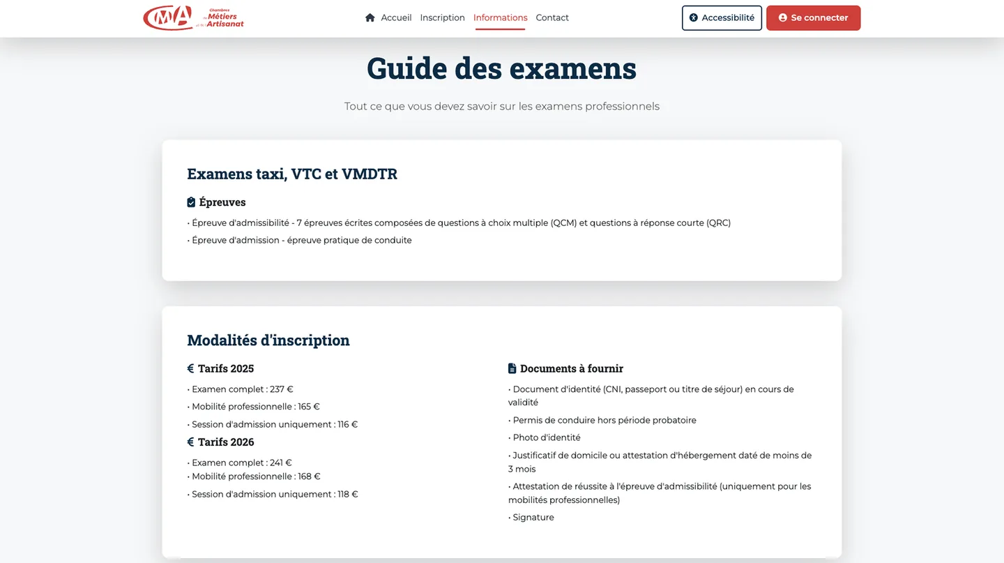 Guide des examens taxi-VTC de la Chambre de métiers et de l'artisanat, avec les tarifs