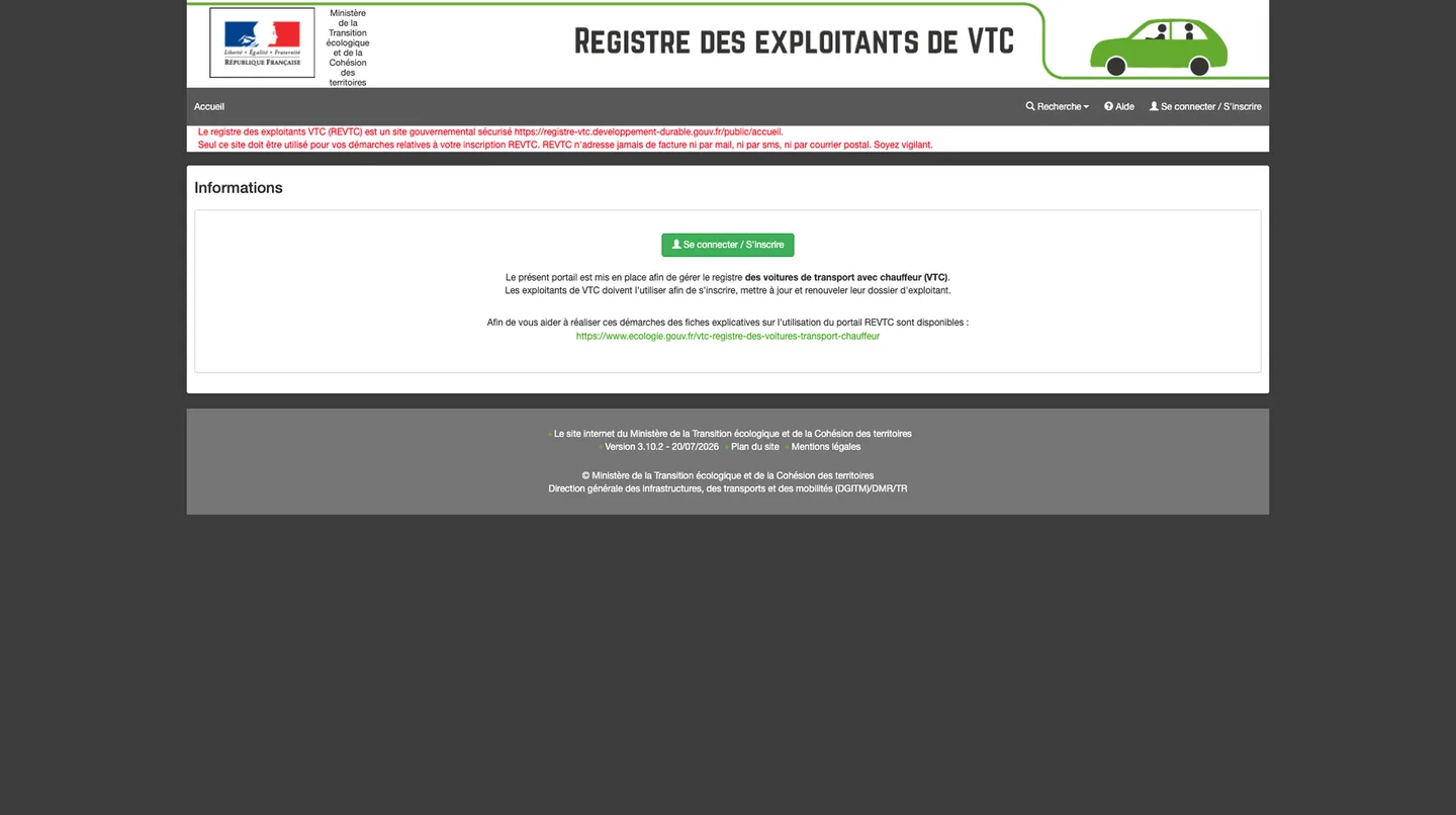 Portail officiel du registre des exploitants VTC (REVTC)