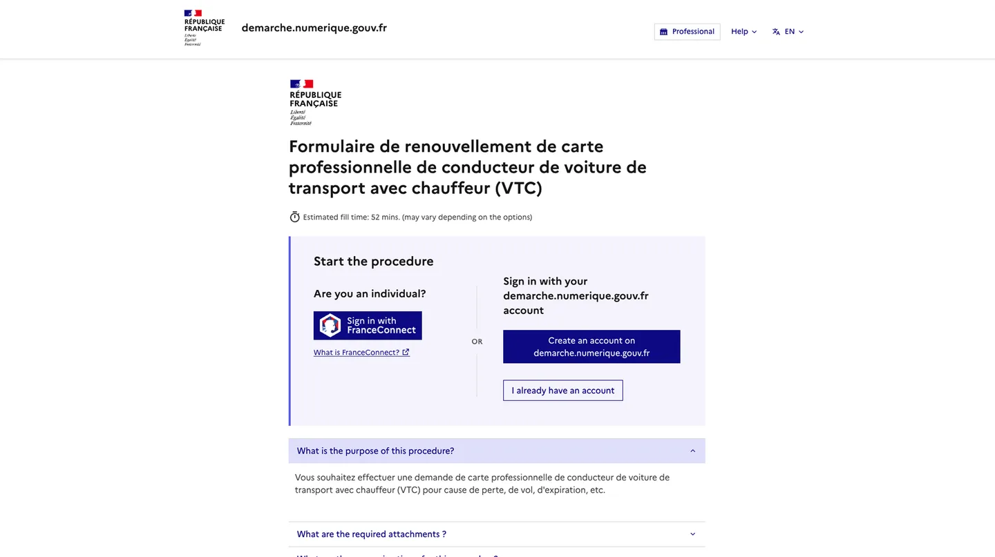 Formulaire en ligne de renouvellement de la carte professionnelle VTC