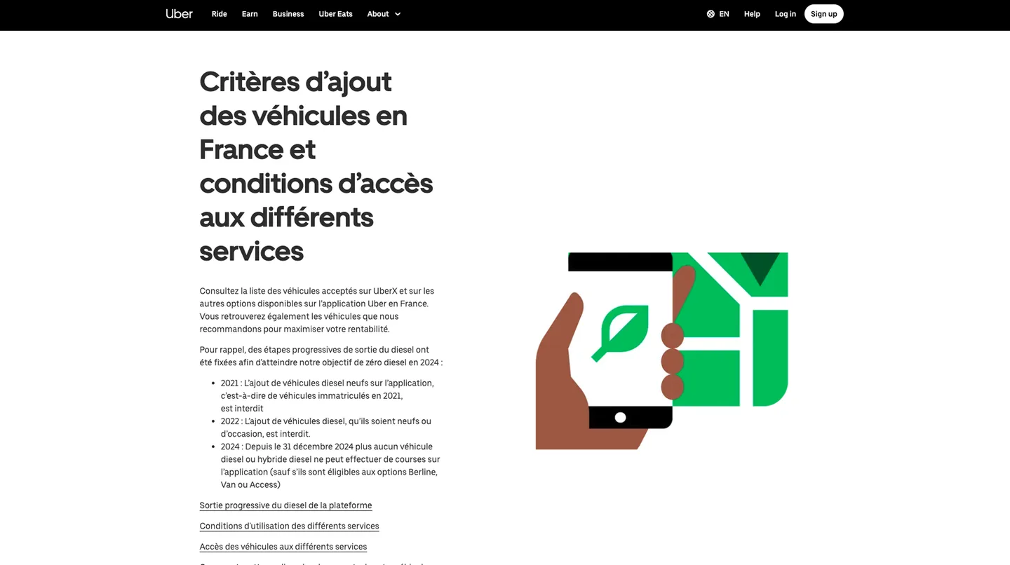 Critères d'ajout des véhicules Uber en France selon la catégorie de service