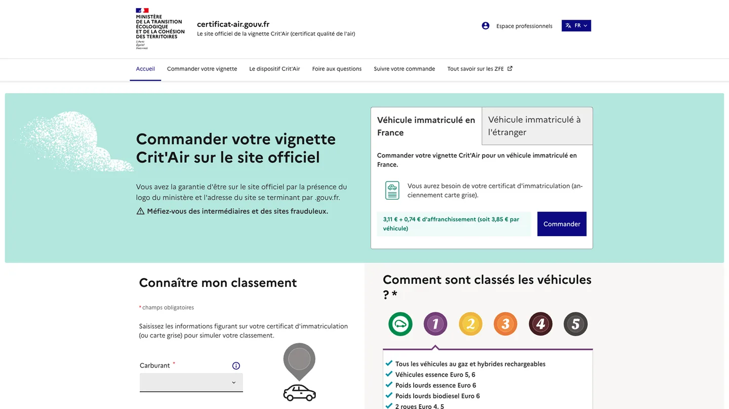 Page officielle pour commander la vignette Crit'Air sur certificat-air.gouv.fr