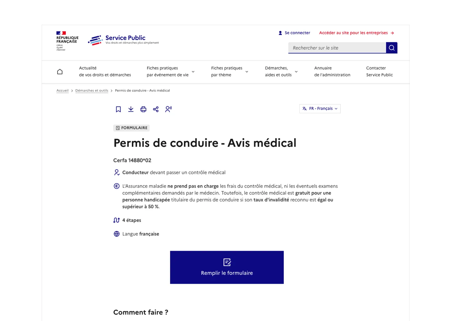 Page service-public.fr sur l'avis médical (Cerfa 14880) du permis de conduire
