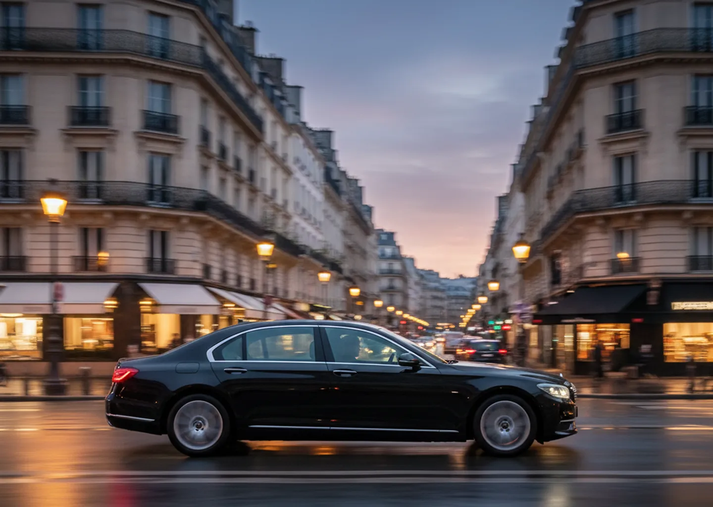 Berline VTC circulant dans une rue de Paris