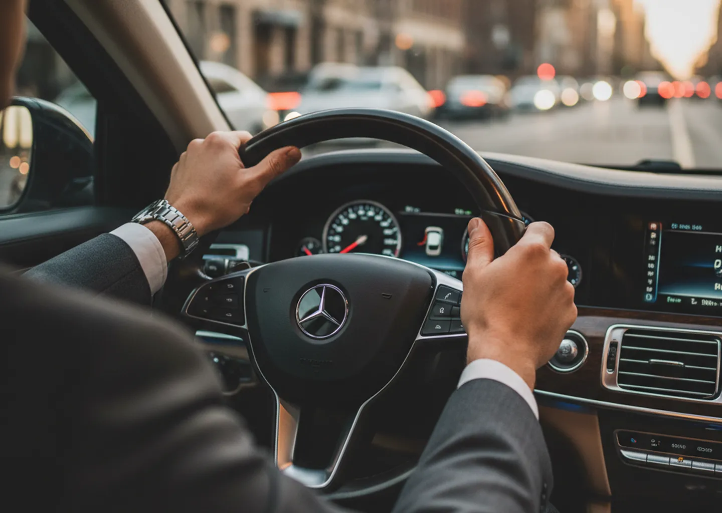 Chauffeur VTC en costume, mains sur le volant d'une berline
