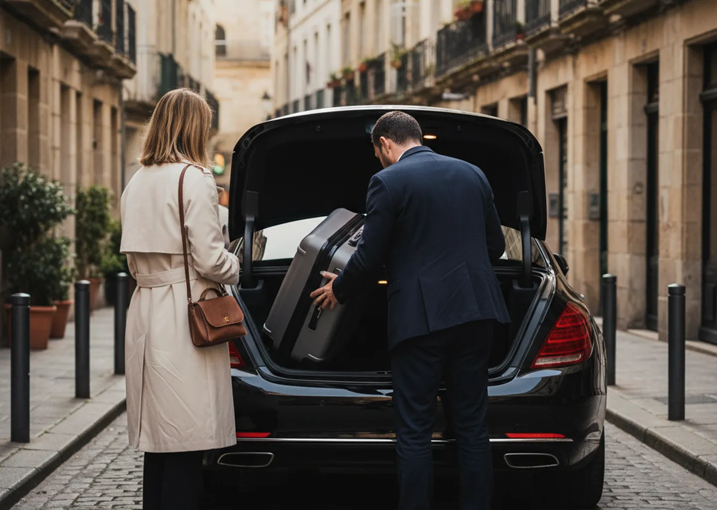 Chauffeur VTC chargeant une valise dans le coffre d'une berline