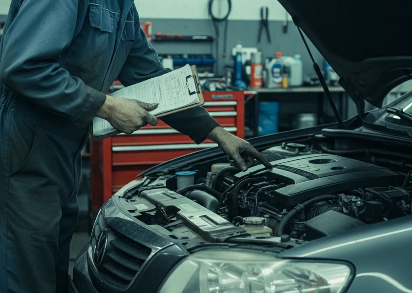 Technicien inspectant le moteur d'un véhicule lors d'un contrôle