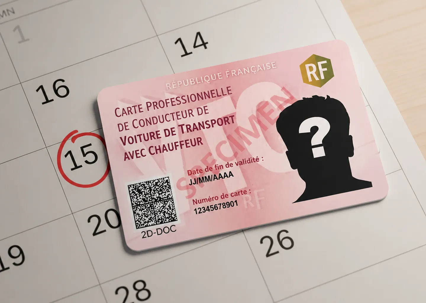 Carte professionnelle VTC posée sur un calendrier, date d'échéance entourée en rouge