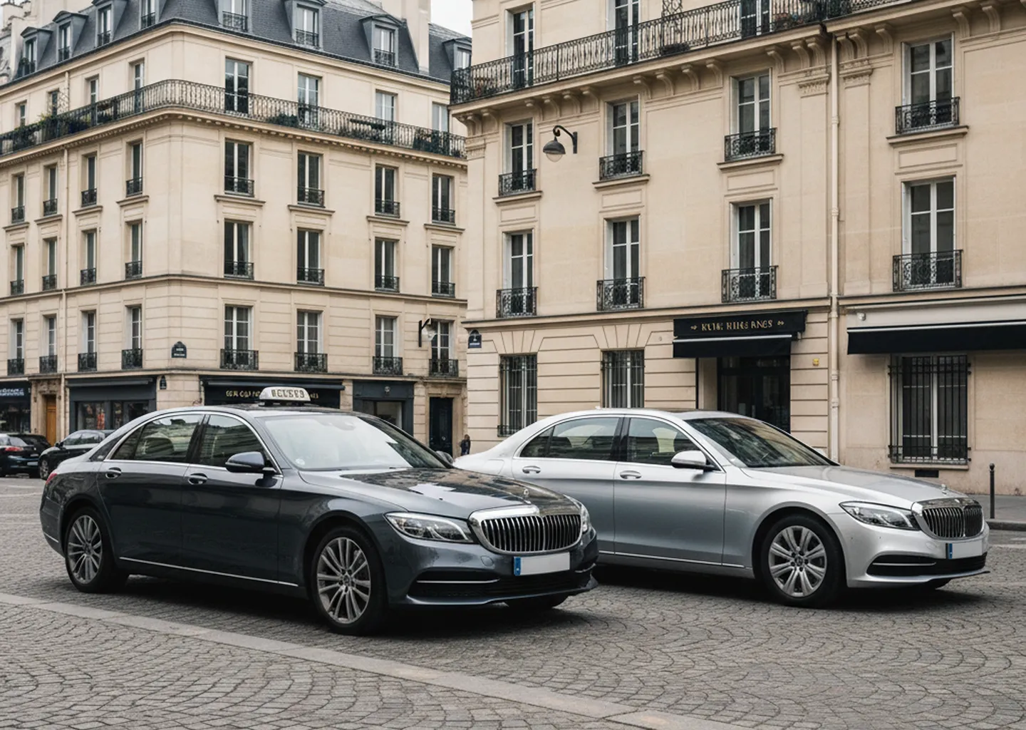 Deux berlines noires côte à côte dans une rue parisienne