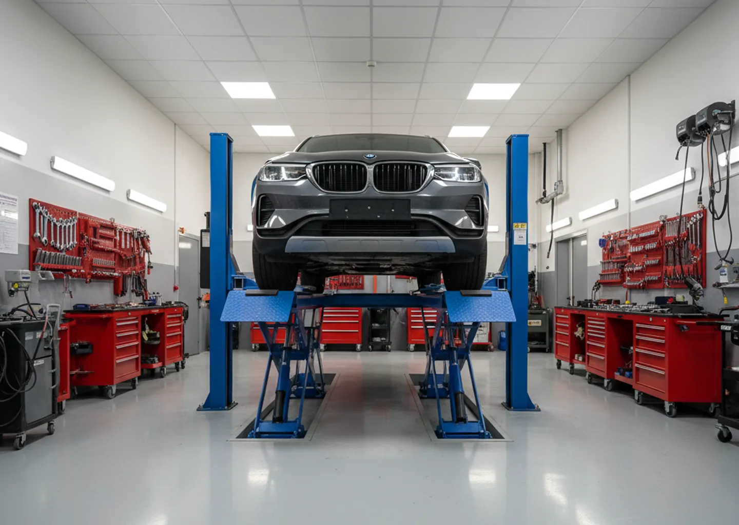 Voiture sur un pont élévateur dans un atelier d'entretien