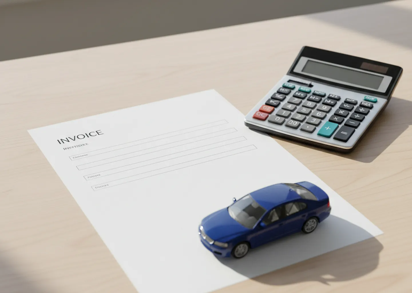 Facture, calculatrice et voiture miniature illustrant la TVA du VTC