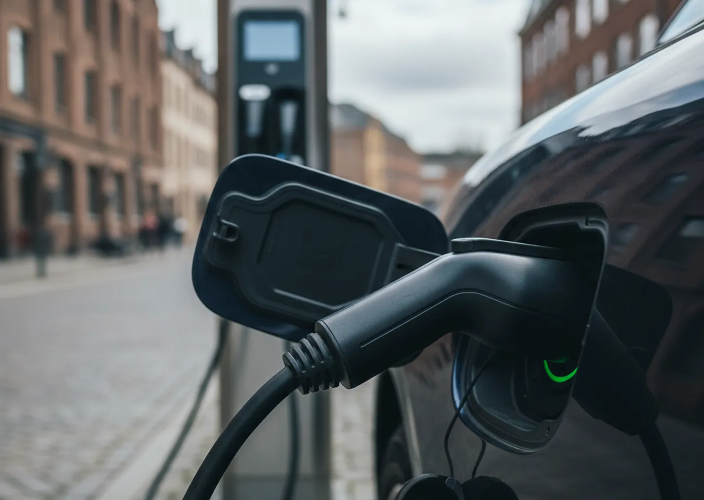 Voiture électrique en charge, éligible aux services Uber Green